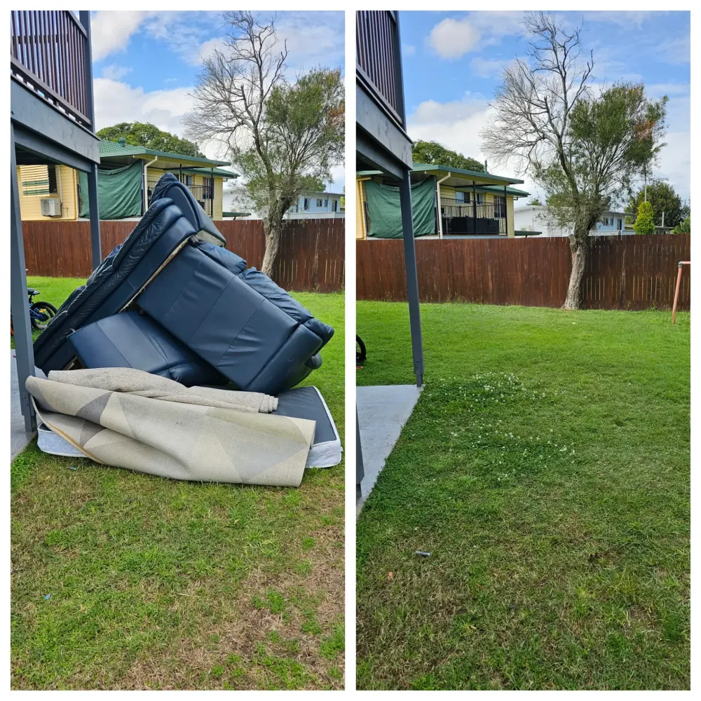 Old blue leather couch, mattress and rug in an Albany Creek backyard, before and after removal