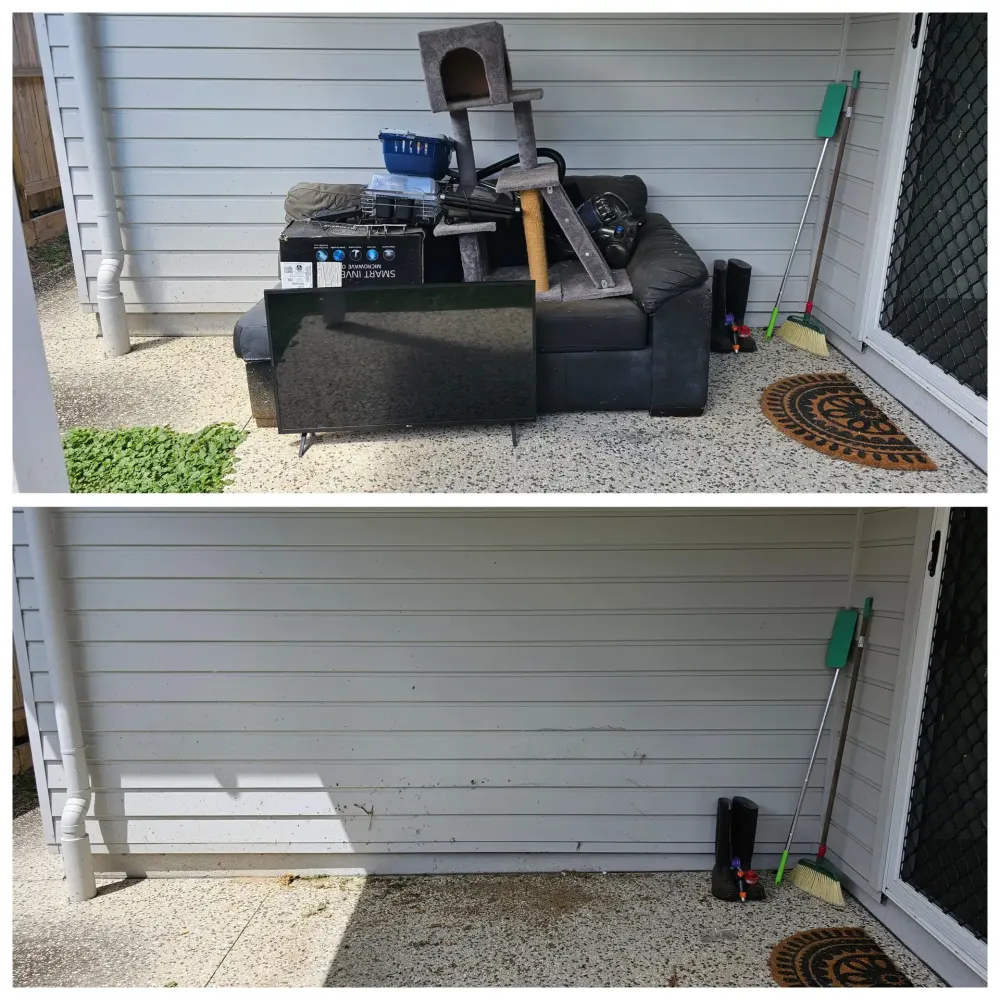 Lounge and junk against a Lutwyche house, before and after removal